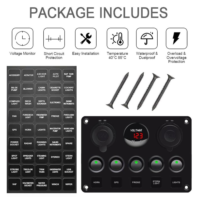Garfour 5 Gang Red Switch Panel 12 Volt ON-Off Switch Panel Blue LED with Inline Fuse QC 3.0 USB and Type C Charger Socket Digital Voltmeter 12V Cigarette Lighter Socket for Marine Boat Car - Image 5